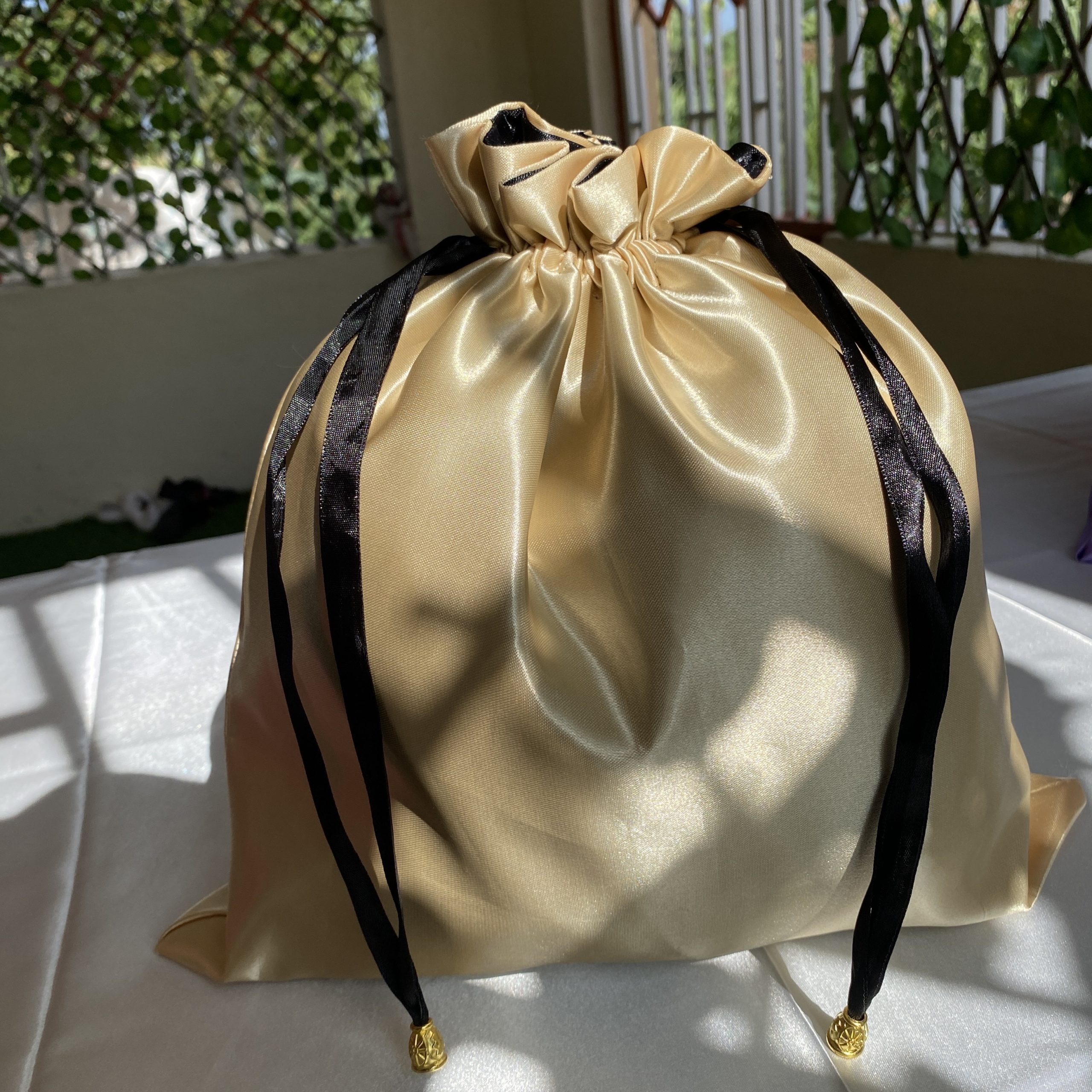 Beige Satin Drawstring Bag