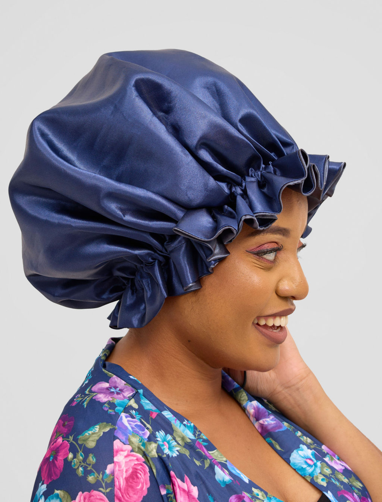 Grey/Navy Medium Ruffle Satin Bonnet - Image 2